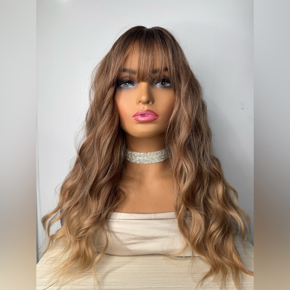Long Wavy Synthetic Wig w/ Curtain Bangs – Mocha Brown Balayage – Natural Waves
